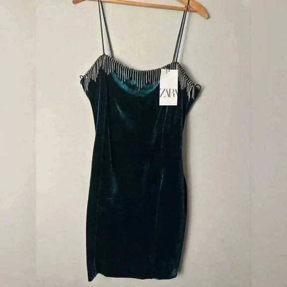 Zara Green Velvet Mini Dress Fringe Rhinestone Spaghetti Strap Cocktail Party - Picture 7 of 15
